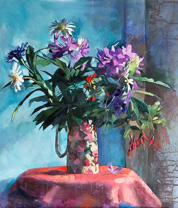 Flowers in a floral jug. Painting by Aine Divine.