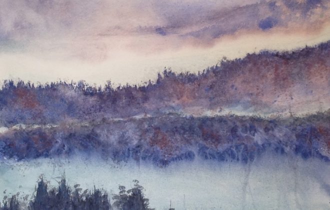 Rhine Trees in the Mist - granulation medium in watercolour