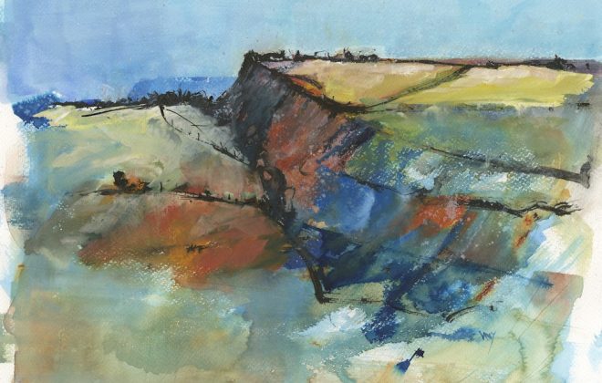Tregardock Cliffs - mixed media painting. Art societies provide exhibition opportunities. Experimental Landscapes in Mixed Media workshops are tutored by Vandy Massey