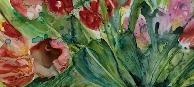 Letter to a young artist - Watercolour painting of Expressive tulip flowers and leaves