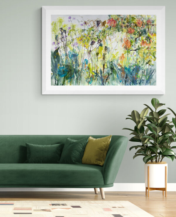 Uncontained painting by Stephie Butler and Vandy Massey in living room setting