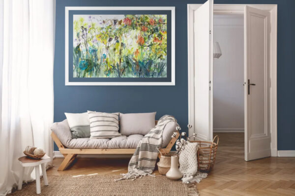 Uncontained painting by Stephie Butler and Vandy Massey in a casual room with a blue wall