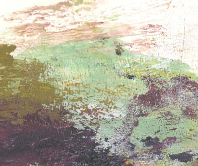 Paint details from Abstract landscape titled A Primitive World. colours are soft green and dark plum