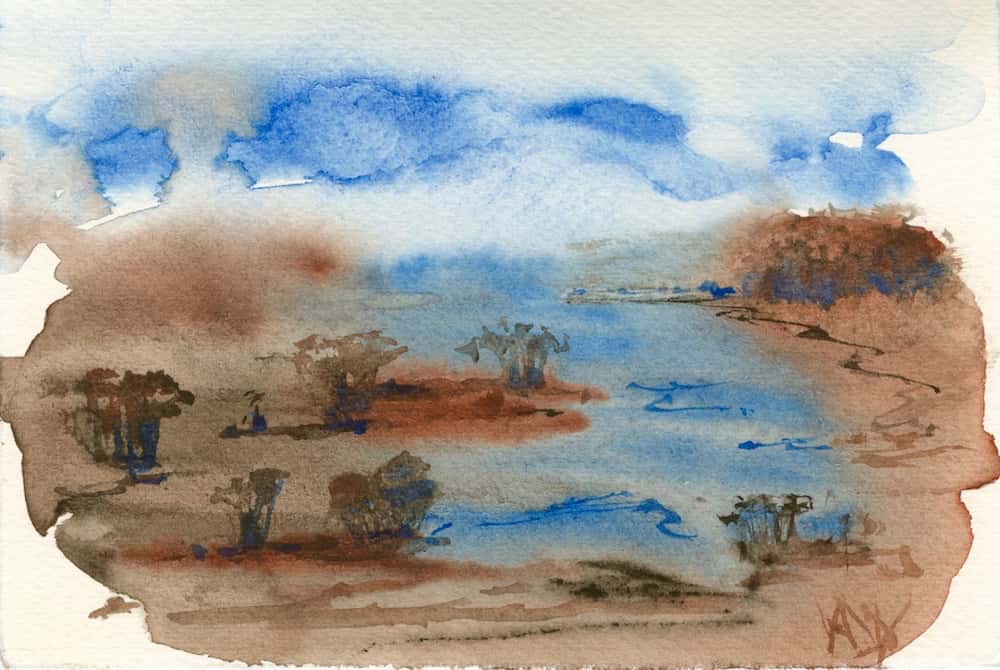 Watercolour painting of trees and water