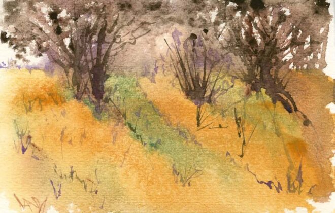 Landscape watercolour painting of a grassy bank painted with handmade watercolour paint. A hand painted greeting card used when testing my handmade paints