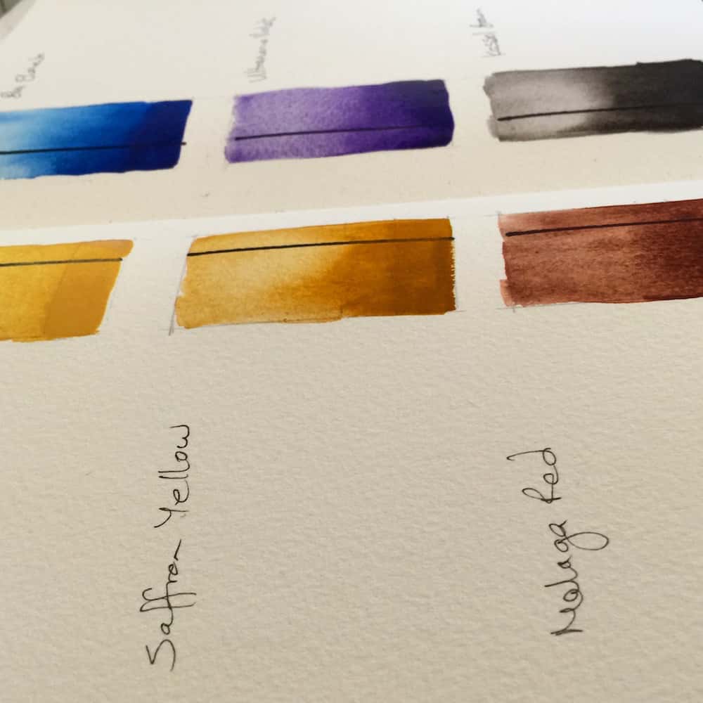 Pigment swatches in a sketchbook