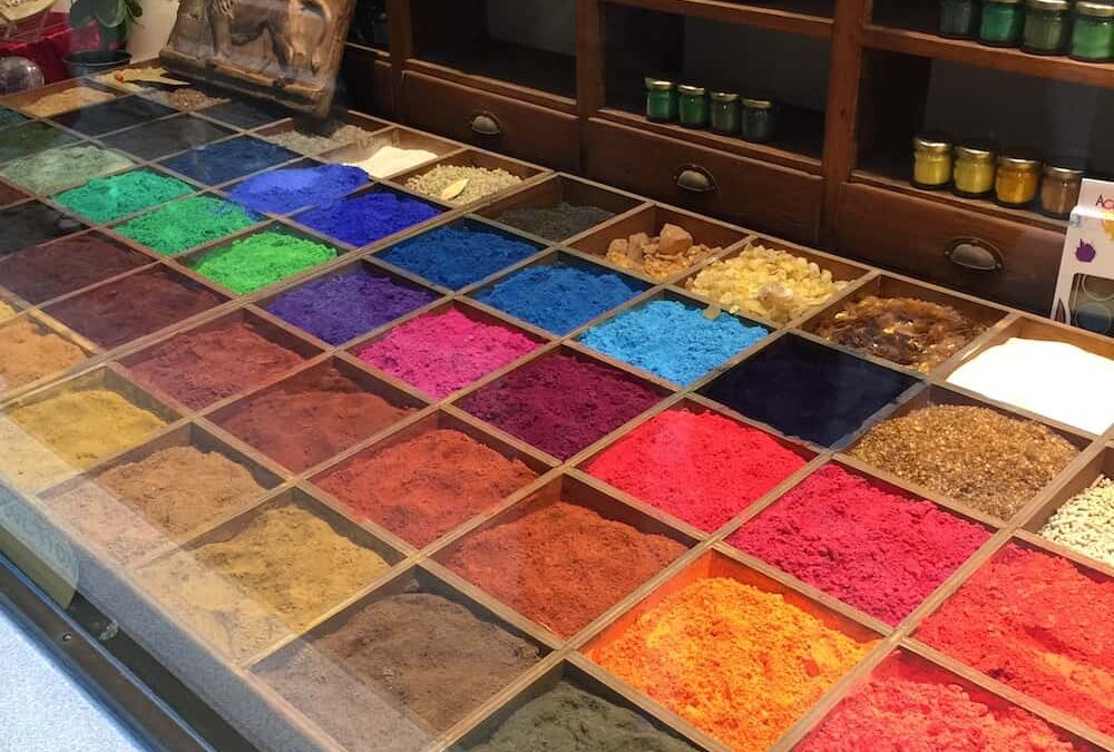 Pure pigment for making watercolour paint, on display in Venice.