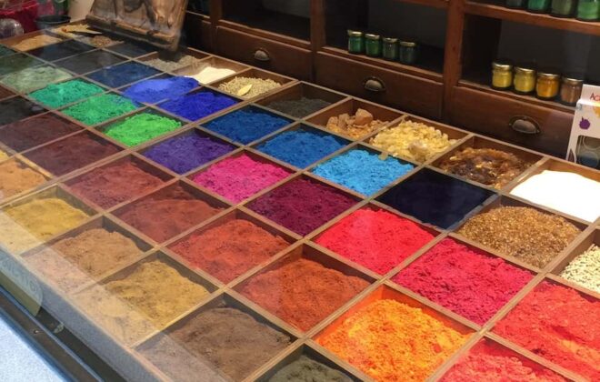 Pure pigment for making watercolour paint, on display in Venice.