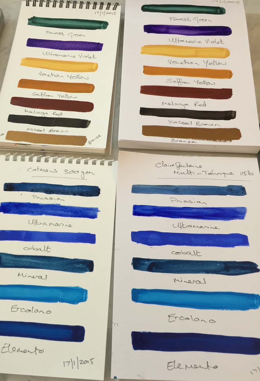 Testing my handmade paints - Pigment test Sheets. All 13 colours