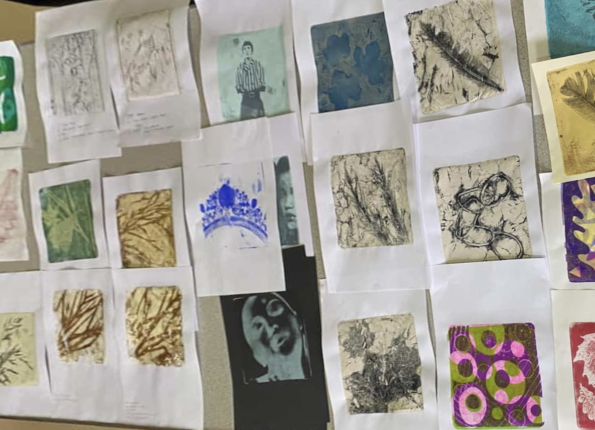 Student work gel prints in Carol Pairaudeau's workshop