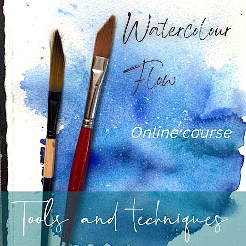 Blue watercolour paint on white paper with two paintbrushes lying on the surface. Text says: Watercolour Flow. Online Couse. Tools and Techniques