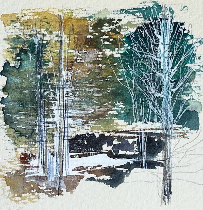 The Woods and Frozen Stream - Watercolour and ink small painting