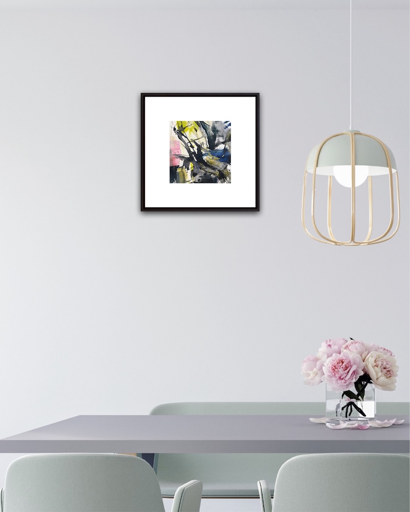 VMW00286 with pink posy Light filtered through ancient woods - abstract painting on a wall behind a pink posy