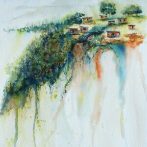 Hilltop Khayas fine art print. Trees in a deep gorge. A village on the plateau.
