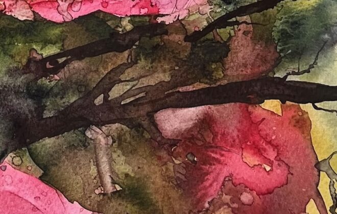 Image of a section of a camellia bush painting used to illustrate the post about AI tools for artists