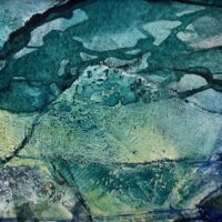 A small mixed media abstract painting of water flowing over rocks