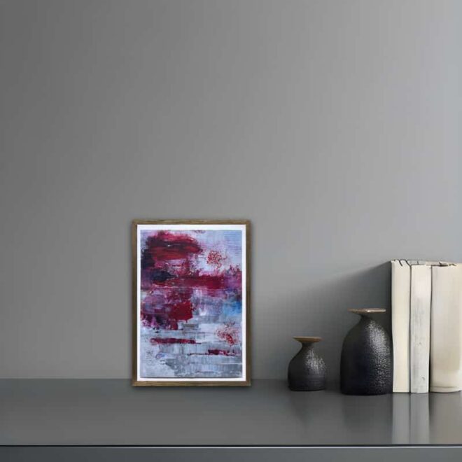 Reflections painting in oil and cold wax on a dark shelf next to books and 2 vases