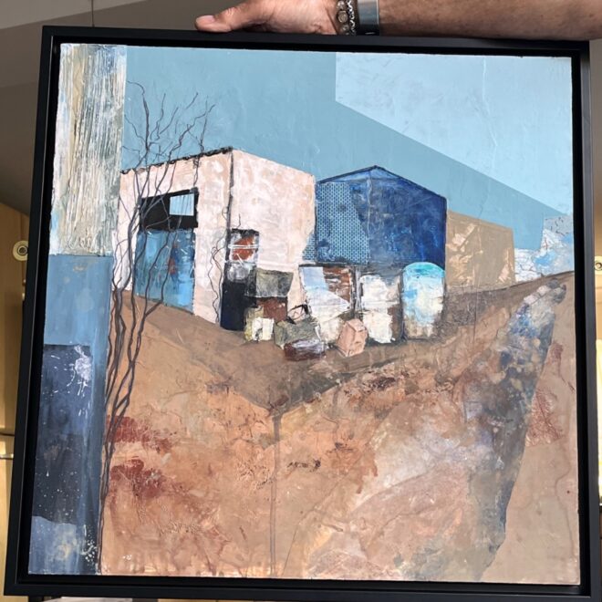 In the Balance. Framed mixed media painting on cradled panel